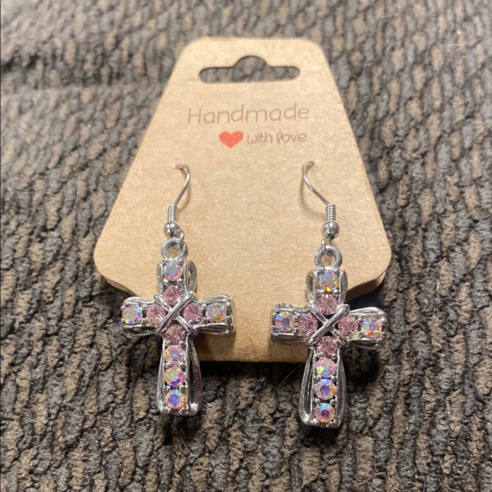 Silver and Pink Cross Earrings